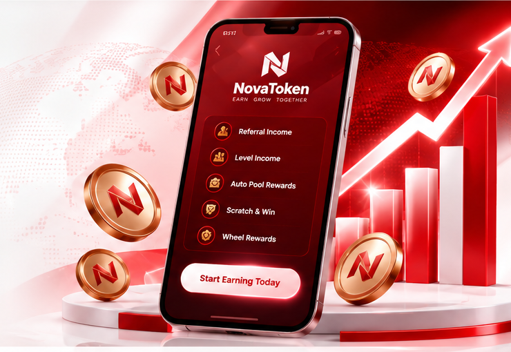 NovaToken phone interface with red growth chart and token illustrations